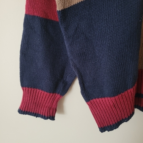 Vintage 90s Colorblock Patchwork Sweater Grandpa Men's XL - Red, Blue, and Tan - Picture 7 of 8